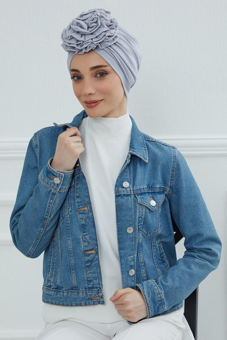 Chic Rose Accent Instant Turban Hijab for Women, Cotton Scarf Chemo Head Wrap, Plain Bonnet Cap with a Beautiful Big Handmade Rose,B-21 Grey 2