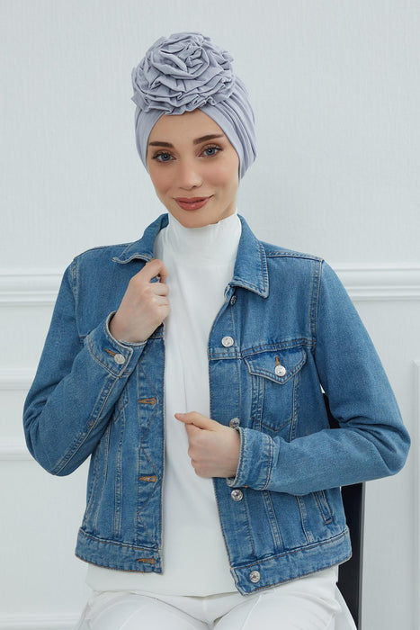 Chic Rose Accent Instant Turban Hijab for Women, Cotton Scarf Chemo Head Wrap, Plain Bonnet Cap with a Beautiful Big Handmade Rose,B-21 Grey 2
