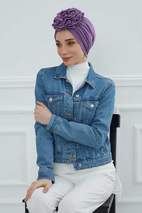 Chic Rose Accent Instant Turban Hijab for Women, Cotton Scarf Chemo Head Wrap, Plain Bonnet Cap with a Beautiful Big Handmade Rose,B-21 Purple 2