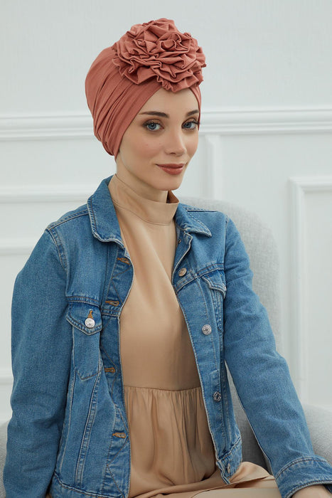 Chic Rose Accent Instant Turban Hijab for Women, Cotton Scarf Chemo Head Wrap, Plain Bonnet Cap with a Beautiful Big Handmade Rose,B-21 Salmon
