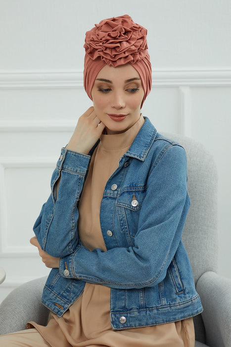 Chic Rose Accent Instant Turban Hijab for Women, Cotton Scarf Chemo Head Wrap, Plain Bonnet Cap with a Beautiful Big Handmade Rose,B-21 Salmon