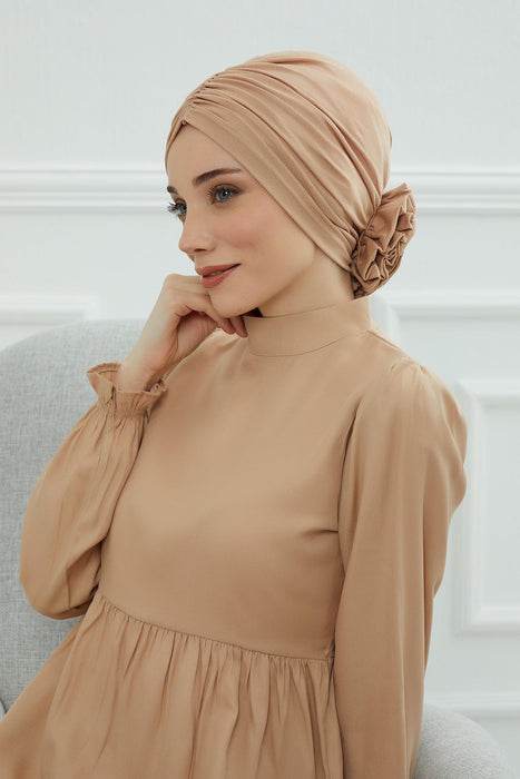 Chic Rose Accent Instant Turban Hijab for Women, Cotton Scarf Chemo Head Wrap, Plain Bonnet Cap with a Beautiful Big Handmade Rose,B-21 Sand Brown