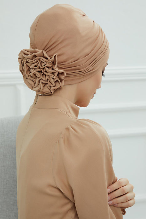 Chic Rose Accent Instant Turban Hijab for Women, Cotton Scarf Chemo Head Wrap, Plain Bonnet Cap with a Beautiful Big Handmade Rose,B-21 Sand Brown
