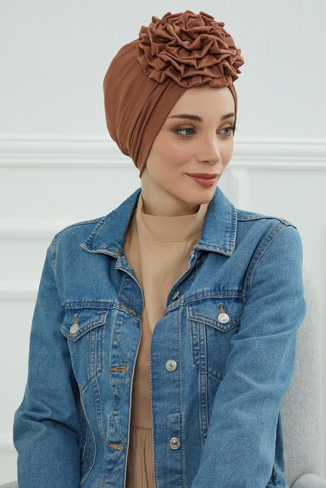 Chic Rose Accent Instant Turban Hijab for Women, Cotton Scarf Chemo Head Wrap, Plain Bonnet Cap with a Beautiful Big Handmade Rose,B-21 Caramel Brown