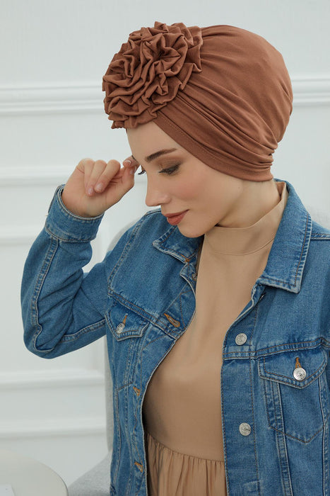 Chic Rose Accent Instant Turban Hijab for Women, Cotton Scarf Chemo Head Wrap, Plain Bonnet Cap with a Beautiful Big Handmade Rose,B-21 Caramel Brown