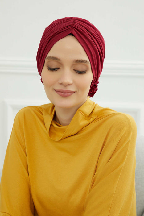 Chic Rose Accent Instant Turban Hijab for Women, Cotton Scarf Chemo Head Wrap, Plain Bonnet Cap with a Beautiful Big Handmade Rose,B-21 Maroon
