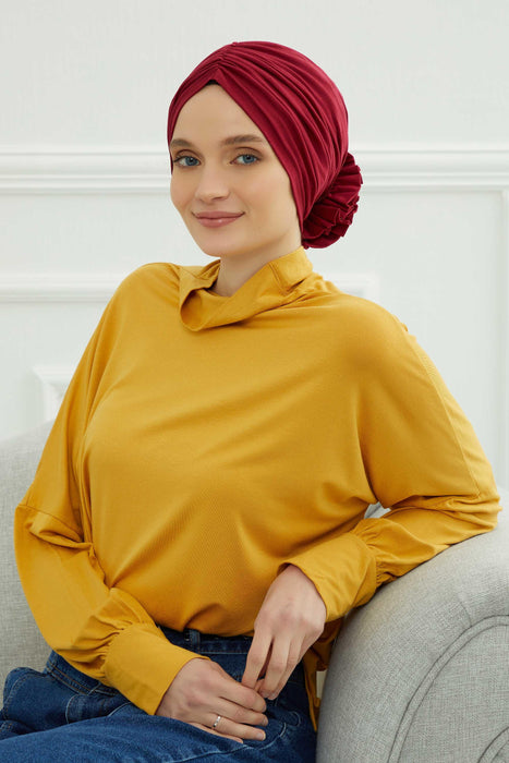 Chic Rose Accent Instant Turban Hijab for Women, Cotton Scarf Chemo Head Wrap, Plain Bonnet Cap with a Beautiful Big Handmade Rose,B-21 Maroon
