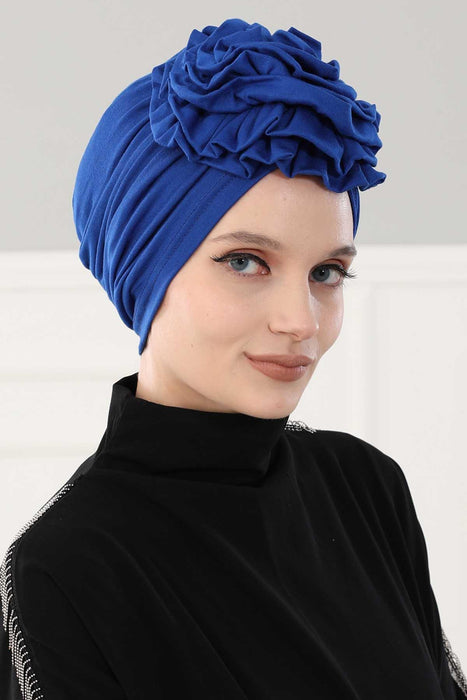 Chic Rose Accent Instant Turban Hijab for Women, Cotton Scarf Chemo Head Wrap, Plain Bonnet Cap with a Beautiful Big Handmade Rose,B-21 Sax Blue