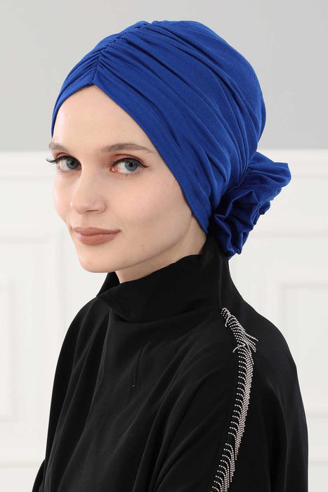 Chic Rose Accent Instant Turban Hijab for Women, Cotton Scarf Chemo Head Wrap, Plain Bonnet Cap with a Beautiful Big Handmade Rose,B-21 Sax Blue