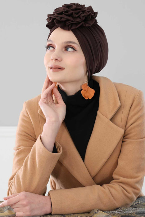 Chic Rose Accent Instant Turban Hijab for Women, Cotton Scarf Chemo Head Wrap, Plain Bonnet Cap with a Beautiful Big Handmade Rose,B-21 Brown