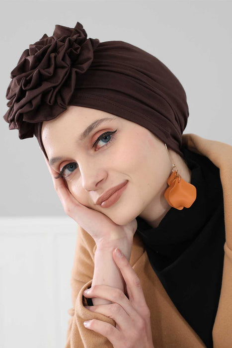 Chic Rose Accent Instant Turban Hijab for Women, Cotton Scarf Chemo Head Wrap, Plain Bonnet Cap with a Beautiful Big Handmade Rose,B-21 Brown