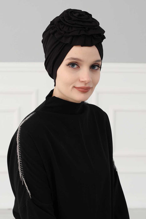 Chic Rose Accent Instant Turban Hijab for Women, Cotton Scarf Chemo Head Wrap, Plain Bonnet Cap with a Beautiful Big Handmade Rose,B-21 Black