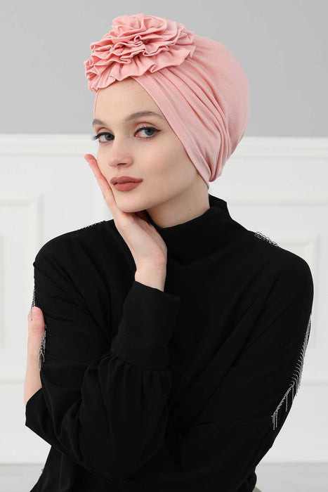Chic Rose Accent Instant Turban Hijab for Women, Cotton Scarf Chemo Head Wrap, Plain Bonnet Cap with a Beautiful Big Handmade Rose,B-21 Powder