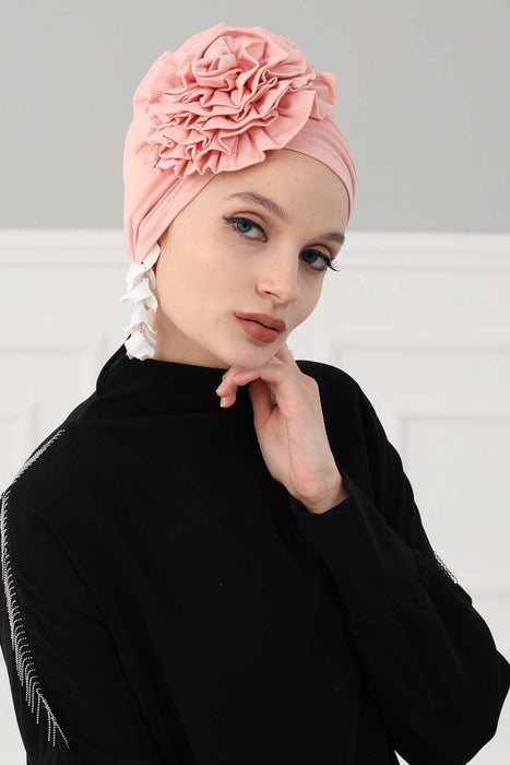 Chic Rose Accent Instant Turban Hijab for Women, Cotton Scarf Chemo Head Wrap, Plain Bonnet Cap with a Beautiful Big Handmade Rose,B-21 Powder