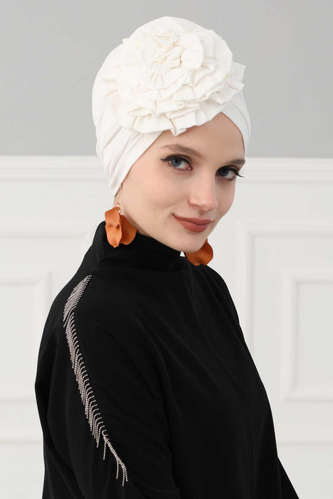 Chic Rose Accent Instant Turban Hijab for Women, Cotton Scarf Chemo Head Wrap, Plain Bonnet Cap with a Beautiful Big Handmade Rose,B-21 Ivory