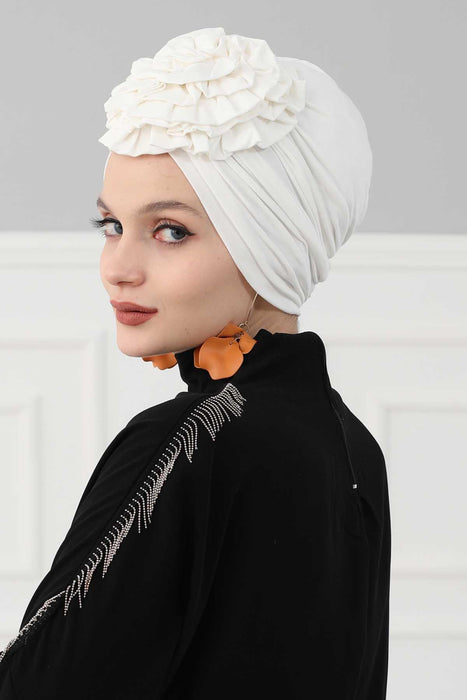 Chic Rose Accent Instant Turban Hijab for Women, Cotton Scarf Chemo Head Wrap, Plain Bonnet Cap with a Beautiful Big Handmade Rose,B-21 Ivory
