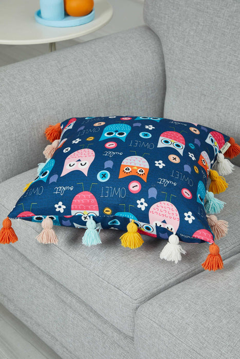 Colorful Owl Print Pillow Cover with Multicolored Tassels, 18x18 Inches Whimsical Night Birds Cushion Cover for Fun Kids Room Decor,K-366 Suzani Pattern 21