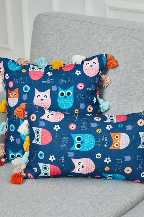 Colorful Owl Print Pillow Cover with Multicolored Tassels, 18x18 Inches Whimsical Night Birds Cushion Cover for Fun Kids Room Decor,K-366 Suzani Pattern 21