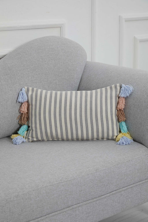 Striped Pillow Cover with Colourful Tassels on the Edges, Tasseled Anatolian Peshtemal Throw Pillow, Striped-Patterned Cushion Cover,K-274 Grey Striped Pattern - Blue