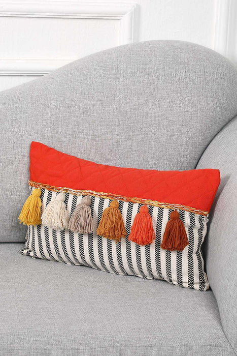 Colourful Tasseled Pillow Cover with Quilted and Striped Patterns, 20x12 Handmade Large Lumbar Pillow Cover for Cozy Home Decorations,K-210 Orange - Striped Pattern