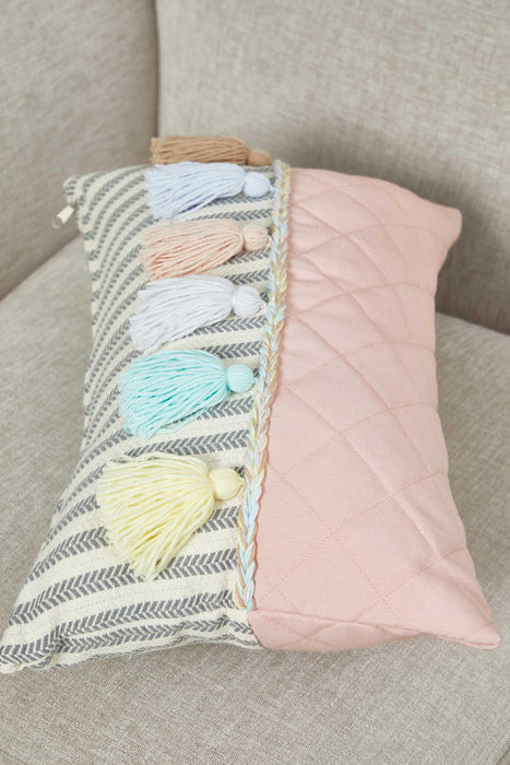 Colourful Tasseled Pillow Cover with Quilted and Striped Patterns, 20x12 Handmade Large Lumbar Pillow Cover for Cozy Home Decorations,K-210 Light Powder - Grey Striped Pattern