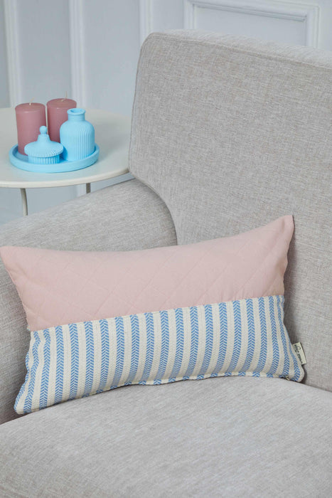 Colourful Tasseled Pillow Cover with Quilted and Striped Patterns, 20x12 Handmade Large Lumbar Pillow Cover for Cozy Home Decorations,K-210 Light Powder - Blue Striped Pattern