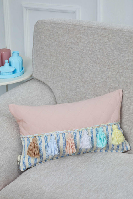 Colourful Tasseled Pillow Cover with Quilted and Striped Patterns, 20x12 Handmade Large Lumbar Pillow Cover for Cozy Home Decorations,K-210 Light Powder - Blue Striped Pattern