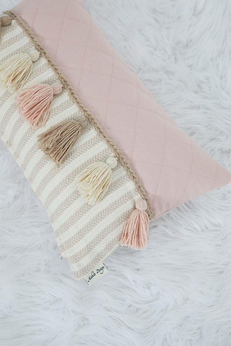 Colourful Tasseled Pillow Cover with Quilted and Striped Patterns, 20x12 Handmade Large Lumbar Pillow Cover for Cozy Home Decorations,K-210 Light Powder-Mink Striped Pattern
