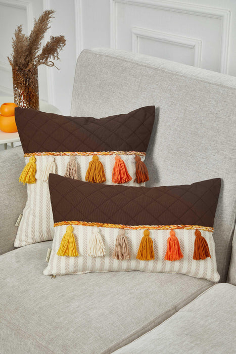 Colourful Tasseled Pillow Cover with Quilted and Striped Patterns, 20x12 Handmade Large Lumbar Pillow Cover for Cozy Home Decorations,K-210 Brown - Mink Striped Pattern