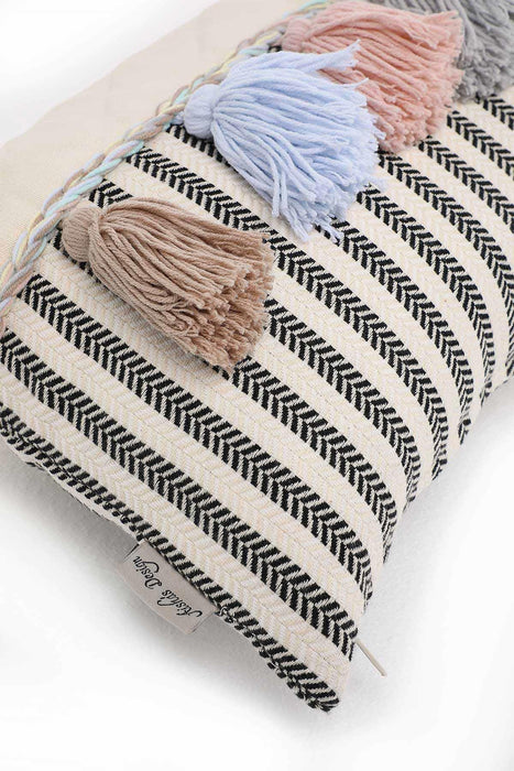 Colourful Tasseled Pillow Cover with Quilted and Striped Patterns, 20x12 Handmade Large Lumbar Pillow Cover for Cozy Home Decorations,K-210 Ivory - Striped Pattern