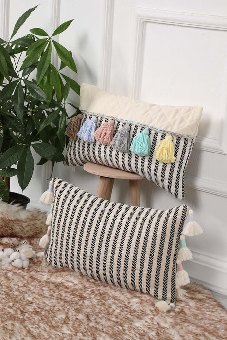 Colourful Tasseled Pillow Cover with Quilted and Striped Patterns, 20x12 Handmade Large Lumbar Pillow Cover for Cozy Home Decorations,K-210 Ivory - Striped Pattern
