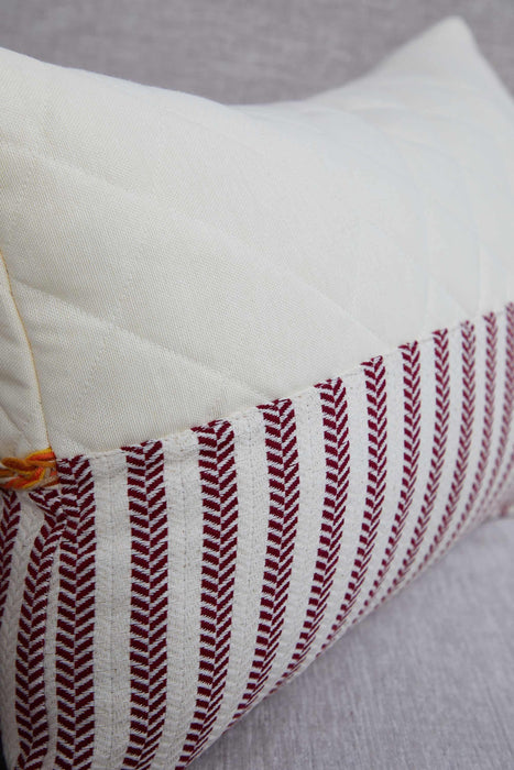 Colourful Tasseled Pillow Cover with Quilted and Striped Patterns, 20x12 Handmade Large Lumbar Pillow Cover for Cozy Home Decorations,K-210 Ivory - Maroon Striped Pattern