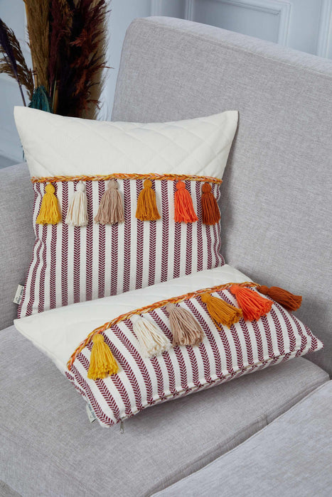 Colourful Tasseled Pillow Cover with Quilted and Striped Patterns, 20x12 Handmade Large Lumbar Pillow Cover for Cozy Home Decorations,K-210 Ivory - Maroon Striped Pattern