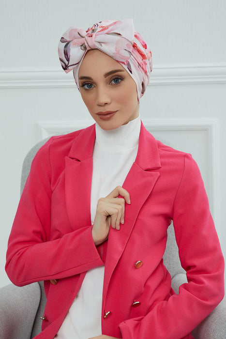 Combed Cotton Patterned Turban Bonnet with a Big Bow, Elegant and Comfortable Pre-Tied Instant Turban Hair Cover for Women,B-11YD Rose Garden