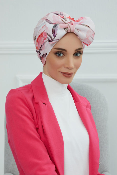 Combed Cotton Patterned Turban Bonnet with a Big Bow, Elegant and Comfortable Pre-Tied Instant Turban Hair Cover for Women,B-11YD Rose Garden