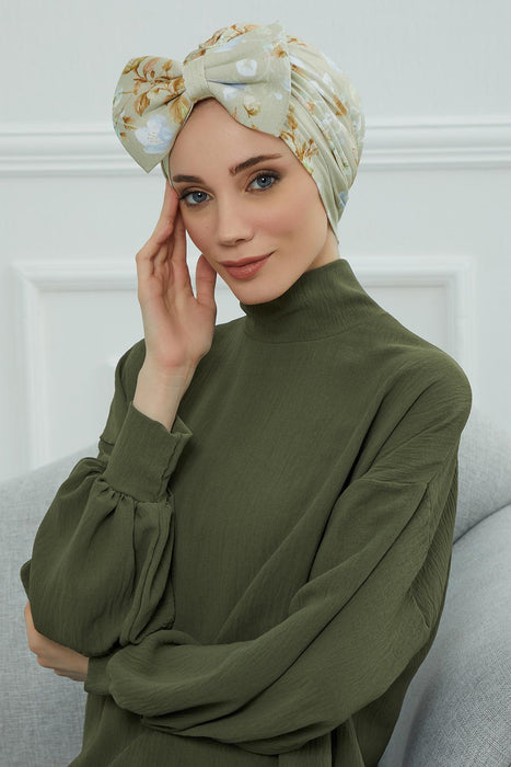 Combed Cotton Patterned Turban Bonnet with a Big Bow, Elegant and Comfortable Pre-Tied Instant Turban Hair Cover for Women,B-11YD Whispering Blooms
