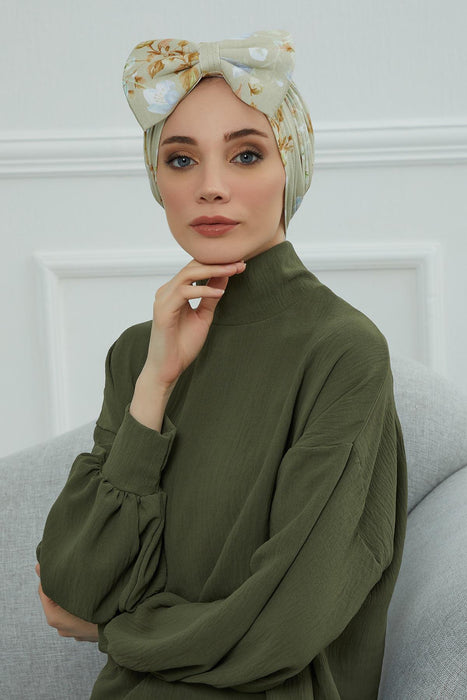 Combed Cotton Patterned Turban Bonnet with a Big Bow, Elegant and Comfortable Pre-Tied Instant Turban Hair Cover for Women,B-11YD Whispering Blooms