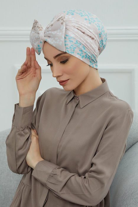 Combed Cotton Patterned Turban Bonnet with a Big Bow, Elegant and Comfortable Pre-Tied Instant Turban Hair Cover for Women,B-11YD Spring Awakening