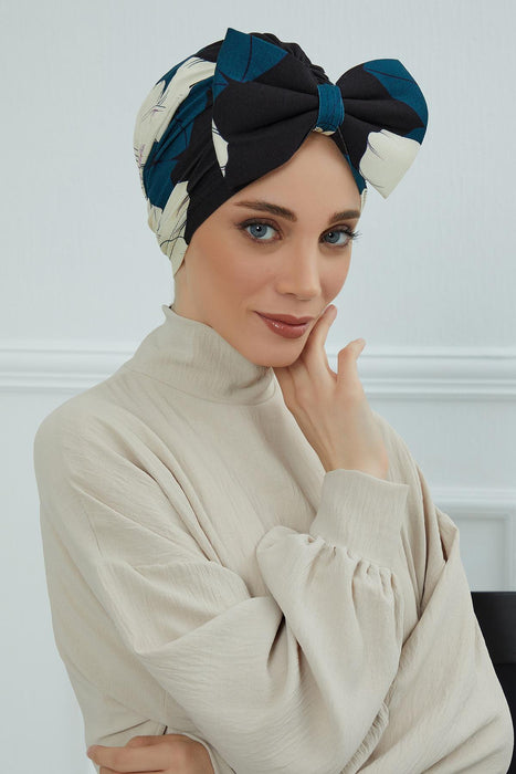Combed Cotton Patterned Turban Bonnet with a Big Bow, Elegant and Comfortable Pre-Tied Instant Turban Hair Cover for Women,B-11YD Midnight Blossoms