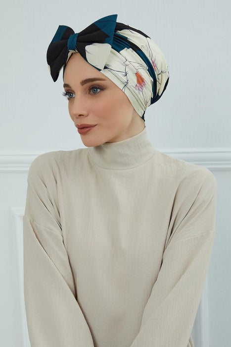 Combed Cotton Patterned Turban Bonnet with a Big Bow, Elegant and Comfortable Pre-Tied Instant Turban Hair Cover for Women,B-11YD Midnight Blossoms