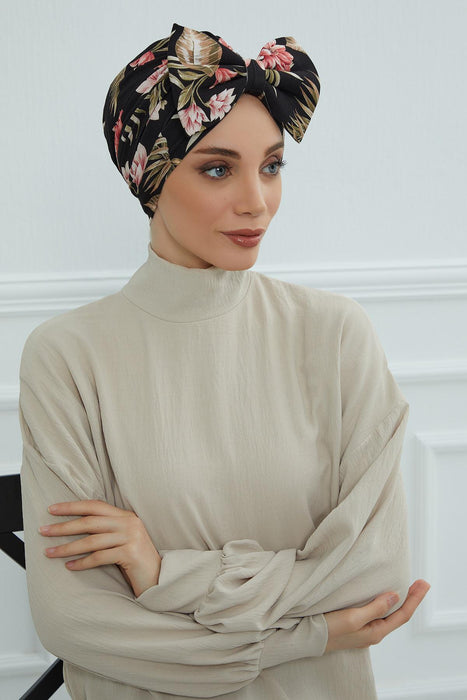 Combed Cotton Patterned Turban Bonnet with a Big Bow, Elegant and Comfortable Pre-Tied Instant Turban Hair Cover for Women,B-11YD Dark Forest