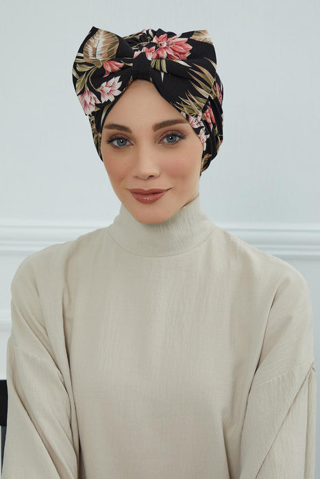 Combed Cotton Patterned Turban Bonnet with a Big Bow, Elegant and Comfortable Pre-Tied Instant Turban Hair Cover for Women,B-11YD Dark Forest