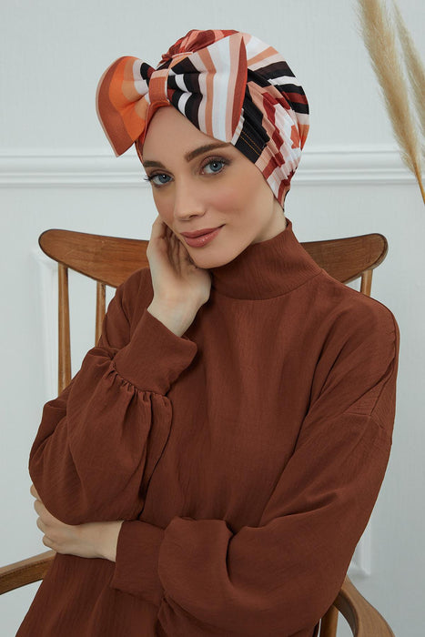 Combed Cotton Patterned Turban Bonnet with a Big Bow, Elegant and Comfortable Pre-Tied Instant Turban Hair Cover for Women,B-11YD Retro Waves