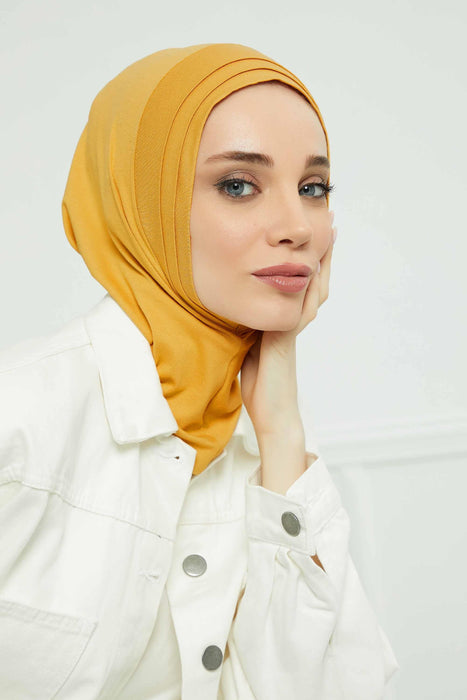 Cotton Instant Turban Headwrap, Washable High Quality Pleated Turban Hijab, Comfortable Pre-Tied Turban for Chemo Cancer Patients,B-76 Mustard Yellow