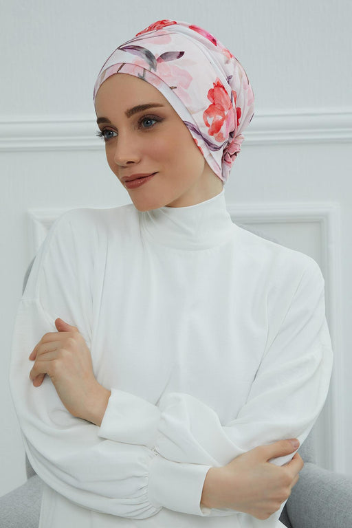 Cotton Printed Instant Turban Scarf For Women with Rose Detail at the Back Side, Stylish Patterned Elegant Turban Bonnet Cap,B-53YD Rose Garden