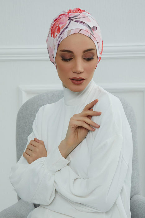 Cotton Printed Instant Turban Scarf For Women with Rose Detail at the Back Side, Stylish Patterned Elegant Turban Bonnet Cap,B-53YD Rose Garden