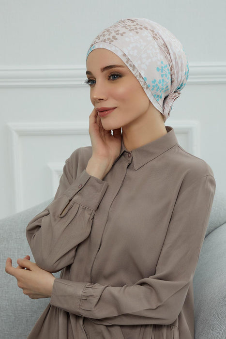 Cotton Printed Instant Turban Scarf For Women with Rose Detail at the Back Side, Stylish Patterned Elegant Turban Bonnet Cap,B-53YD Spring Awakening