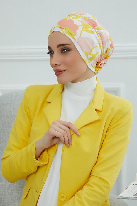 Cotton Printed Instant Turban Scarf For Women with Rose Detail at the Back Side, Stylish Patterned Elegant Turban Bonnet Cap,B-53YD Floral Sunrise