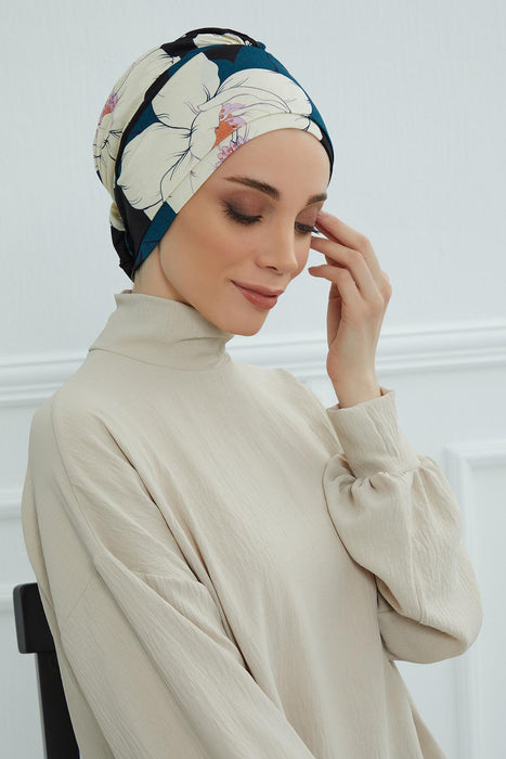 Cotton Printed Instant Turban Scarf For Women with Rose Detail at the Back Side, Stylish Patterned Elegant Turban Bonnet Cap,B-53YD Midnight Blossoms