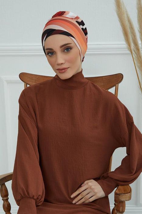 Cotton Printed Instant Turban Scarf For Women with Rose Detail at the Back Side, Stylish Patterned Elegant Turban Bonnet Cap,B-53YD Retro Waves